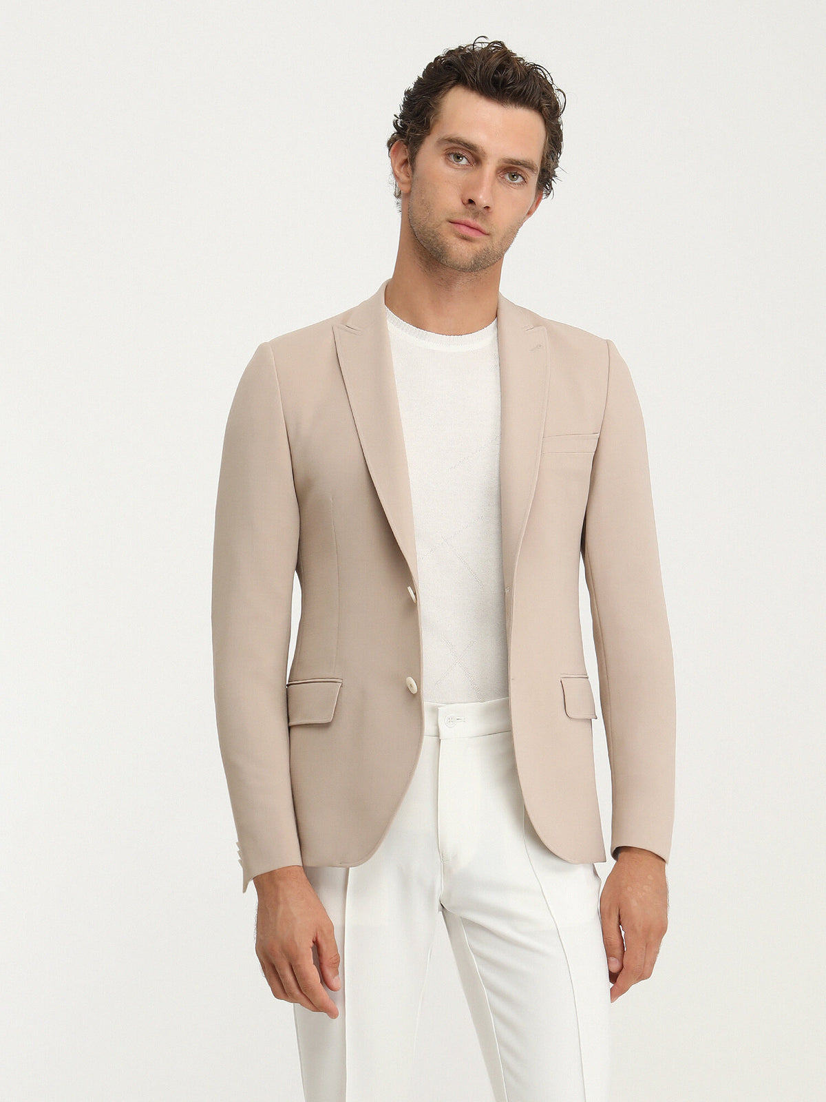Bej Düz Slim Fit Ceket