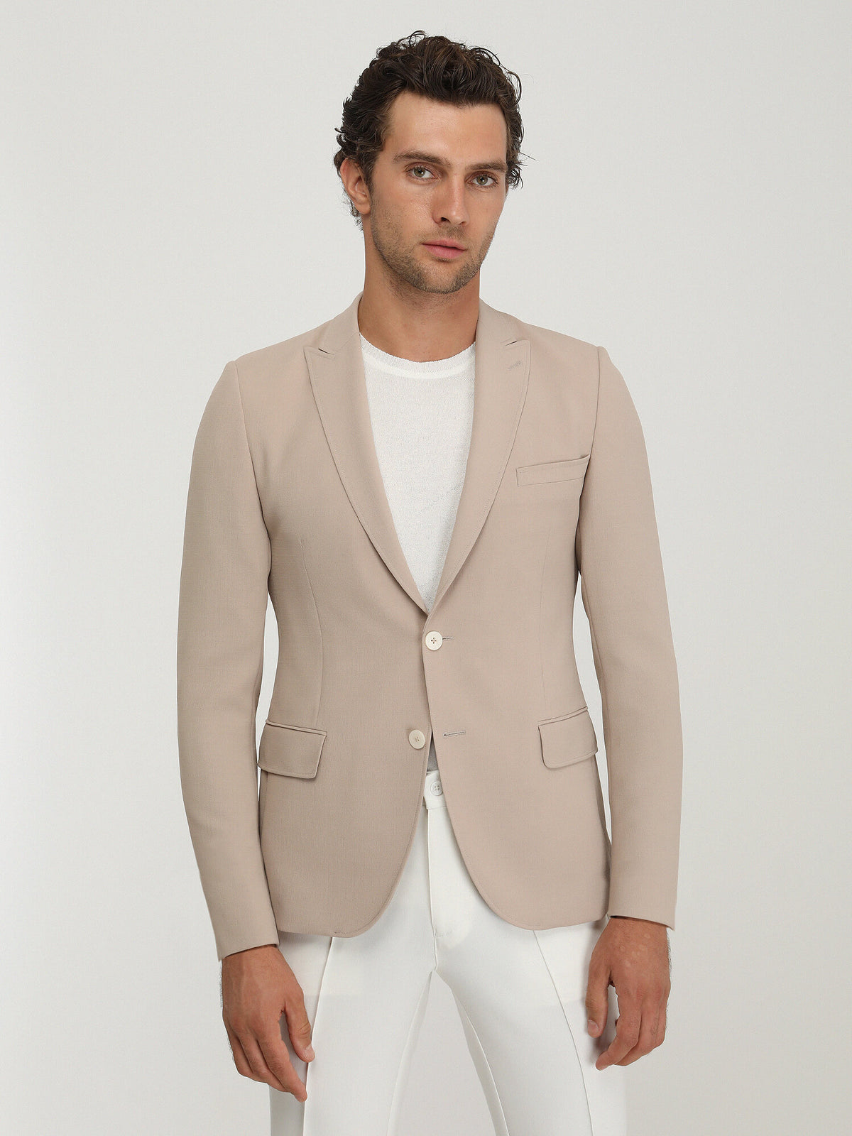 Bej Düz Slim Fit Ceket