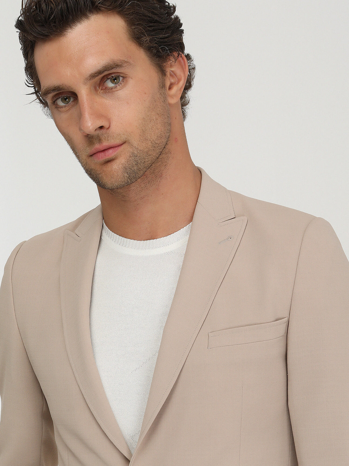 Bej Düz Slim Fit Ceket