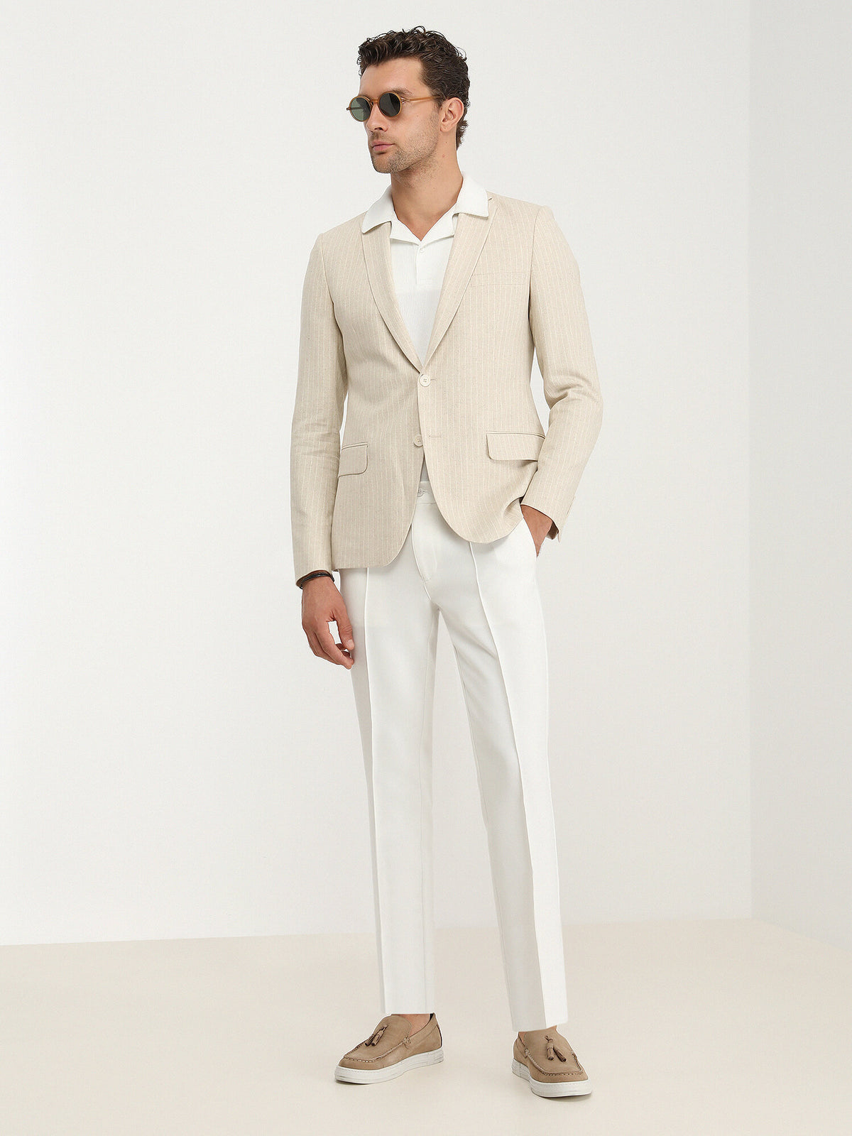 Bej Çizgili Slim Fit Pamuk Karışımlı Ceket