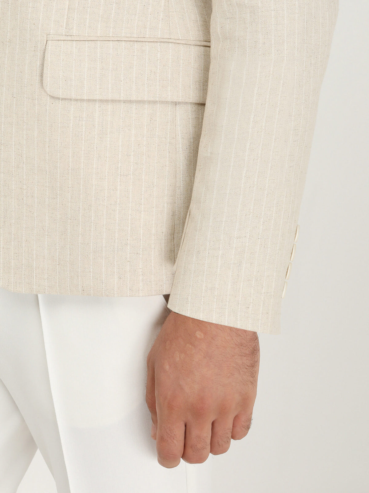 Bej Çizgili Slim Fit Pamuk Karışımlı Ceket