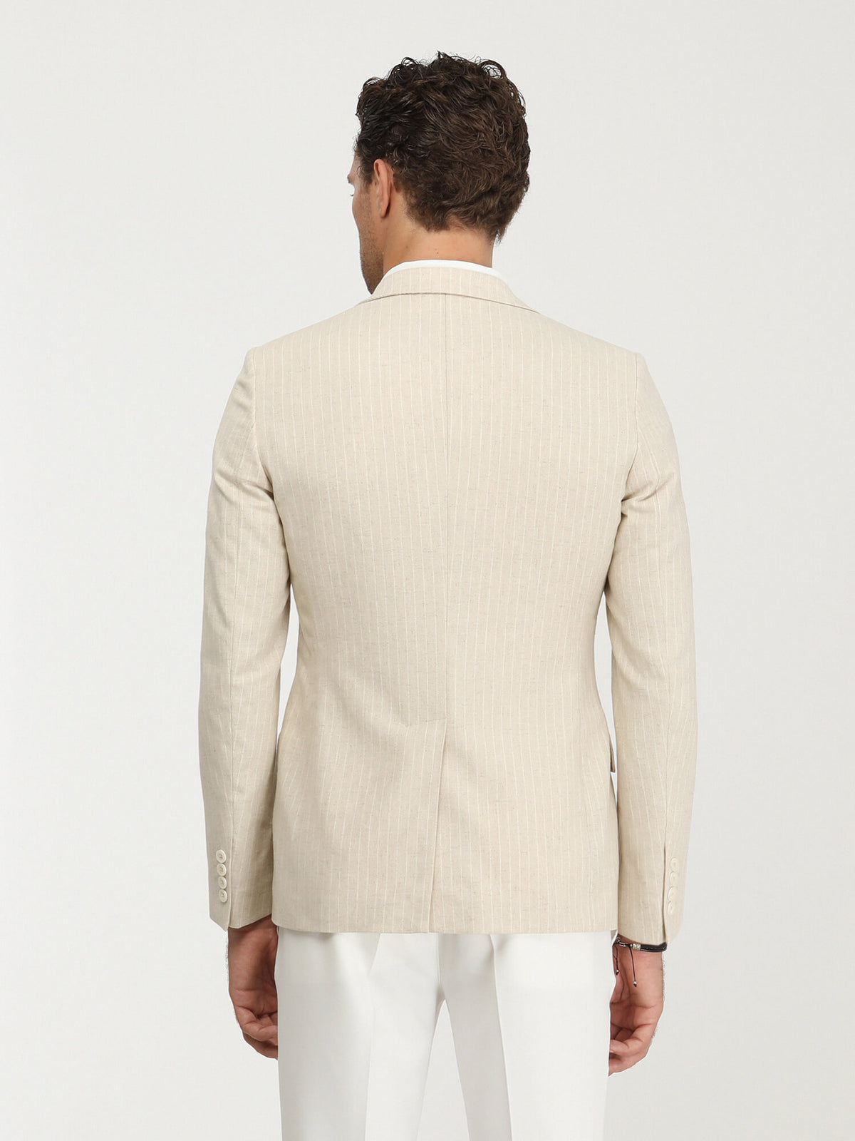 Bej Çizgili Slim Fit Pamuk Karışımlı Ceket