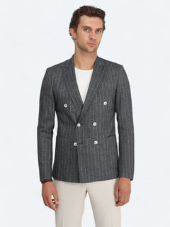 İndigo Çizgili Slim Fit Keten Karışımlı Ceket