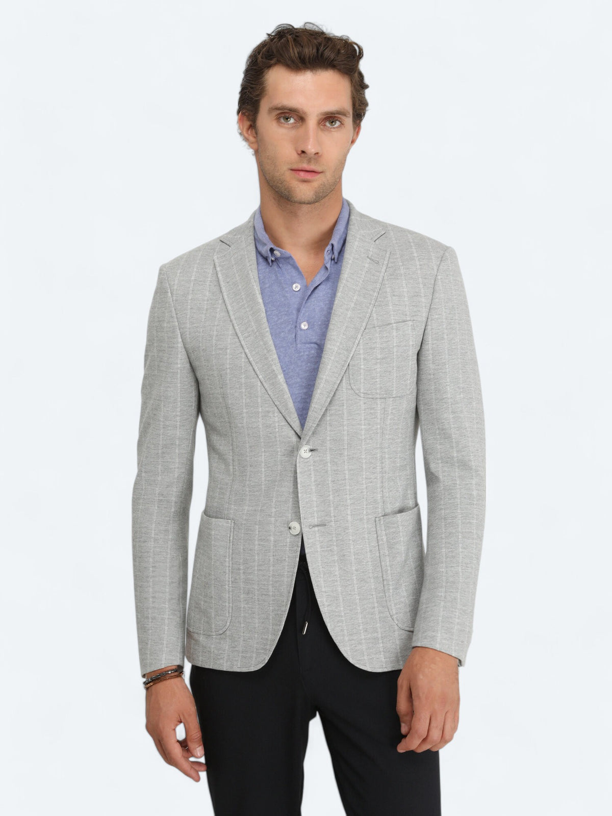 Gri Çizgili Modern Fit Örme Ceket