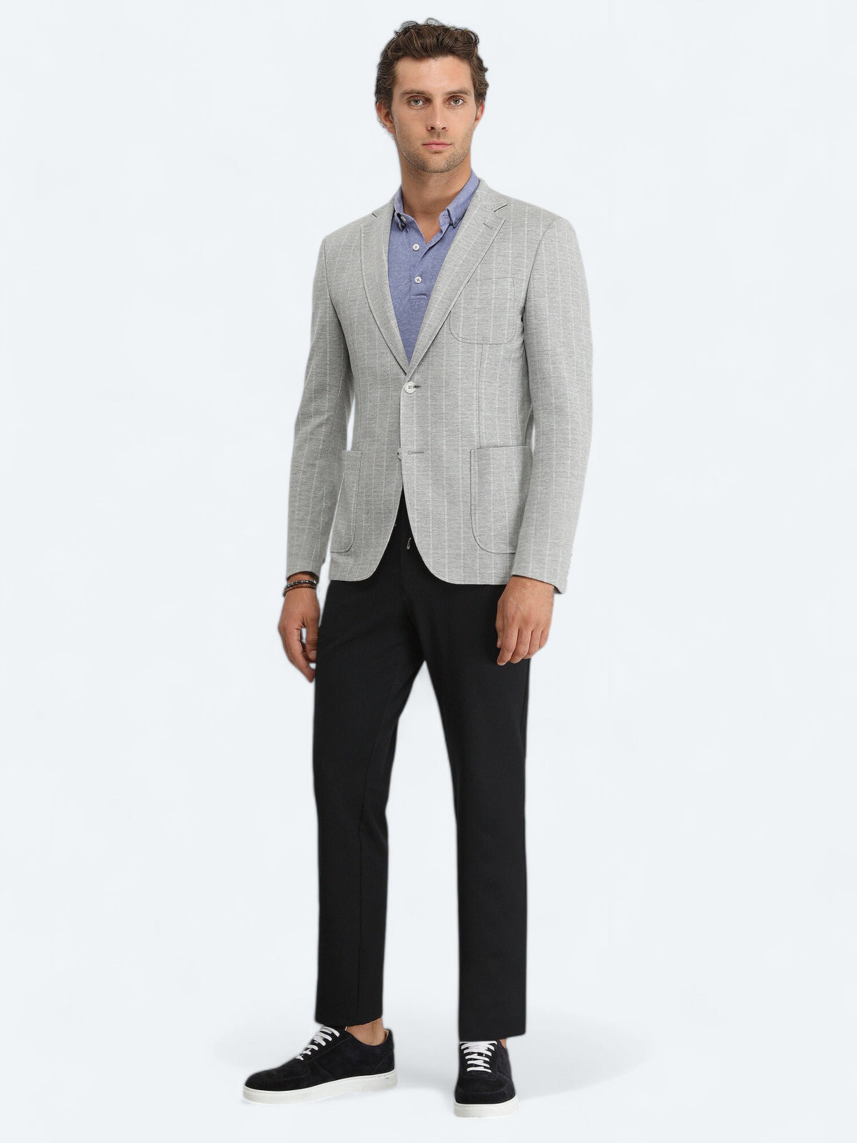 Gri Çizgili Modern Fit Örme Ceket