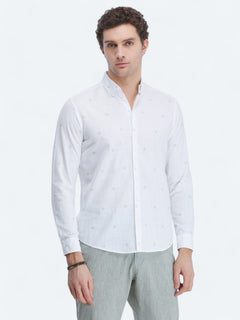 Nil Yeşili Baskılı Regular Fit Uzun Dokuma Casual %100 Pamuk Gömlek