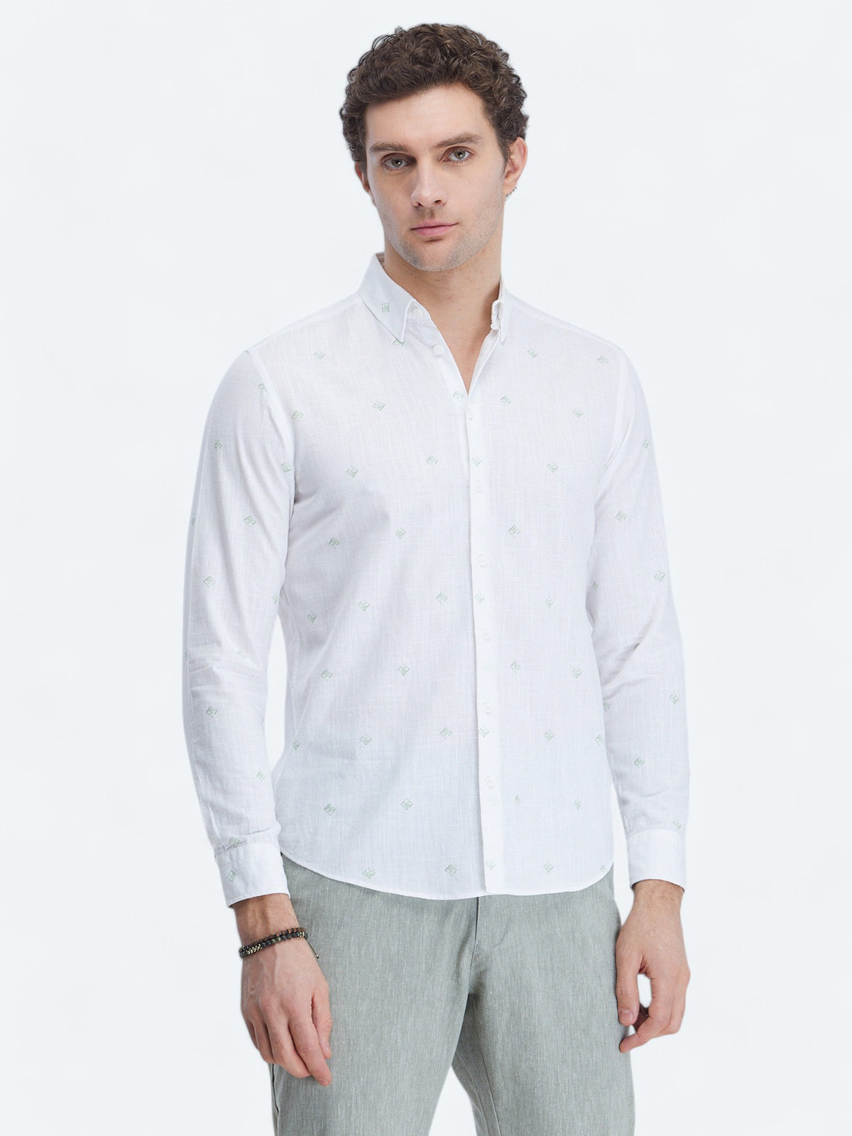 Nil Yeşili Baskılı Regular Fit Uzun Dokuma Casual %100 Pamuk Gömlek