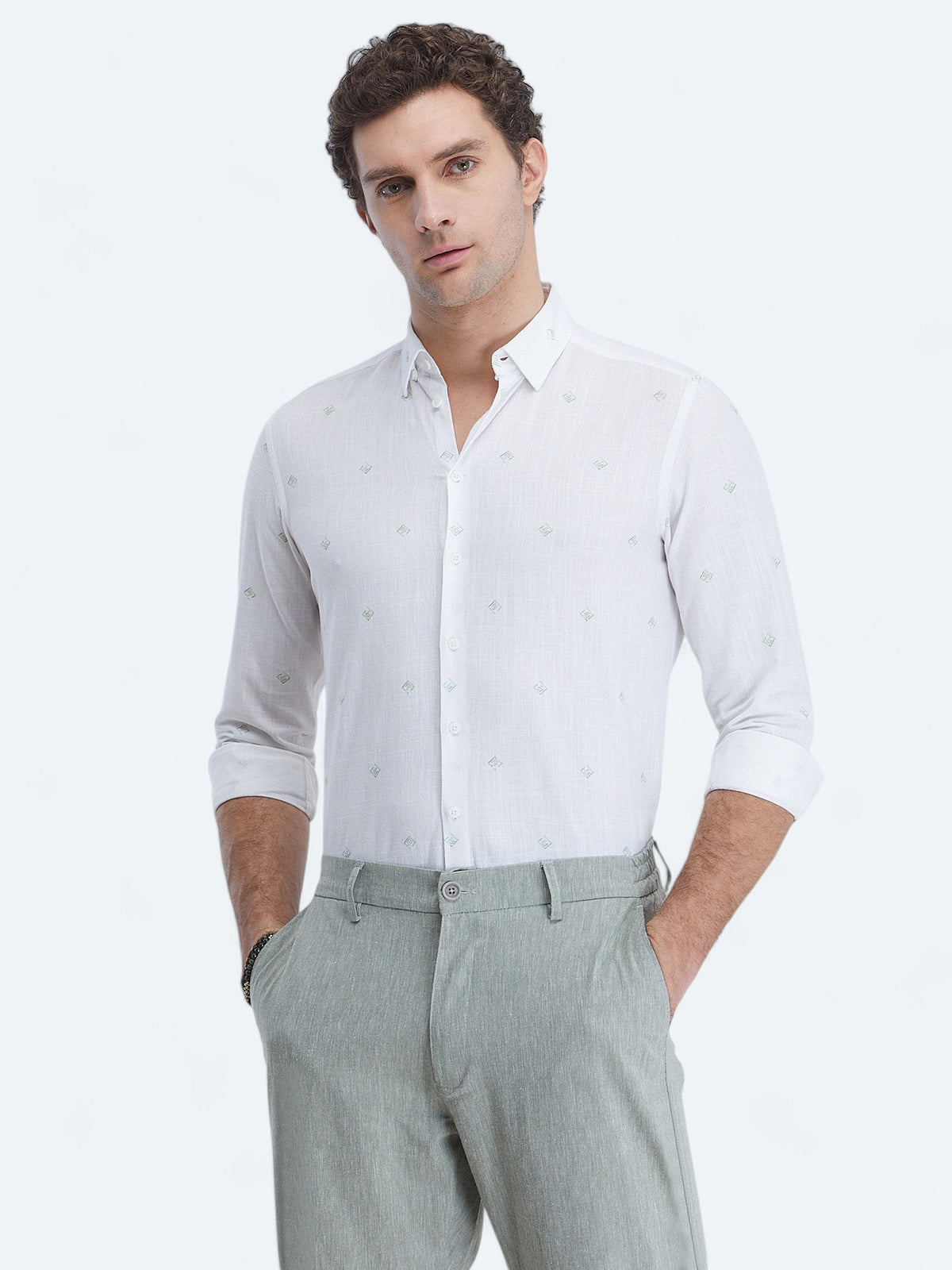 Nil Yeşili Baskılı Regular Fit Uzun Dokuma Casual %100 Pamuk Gömlek