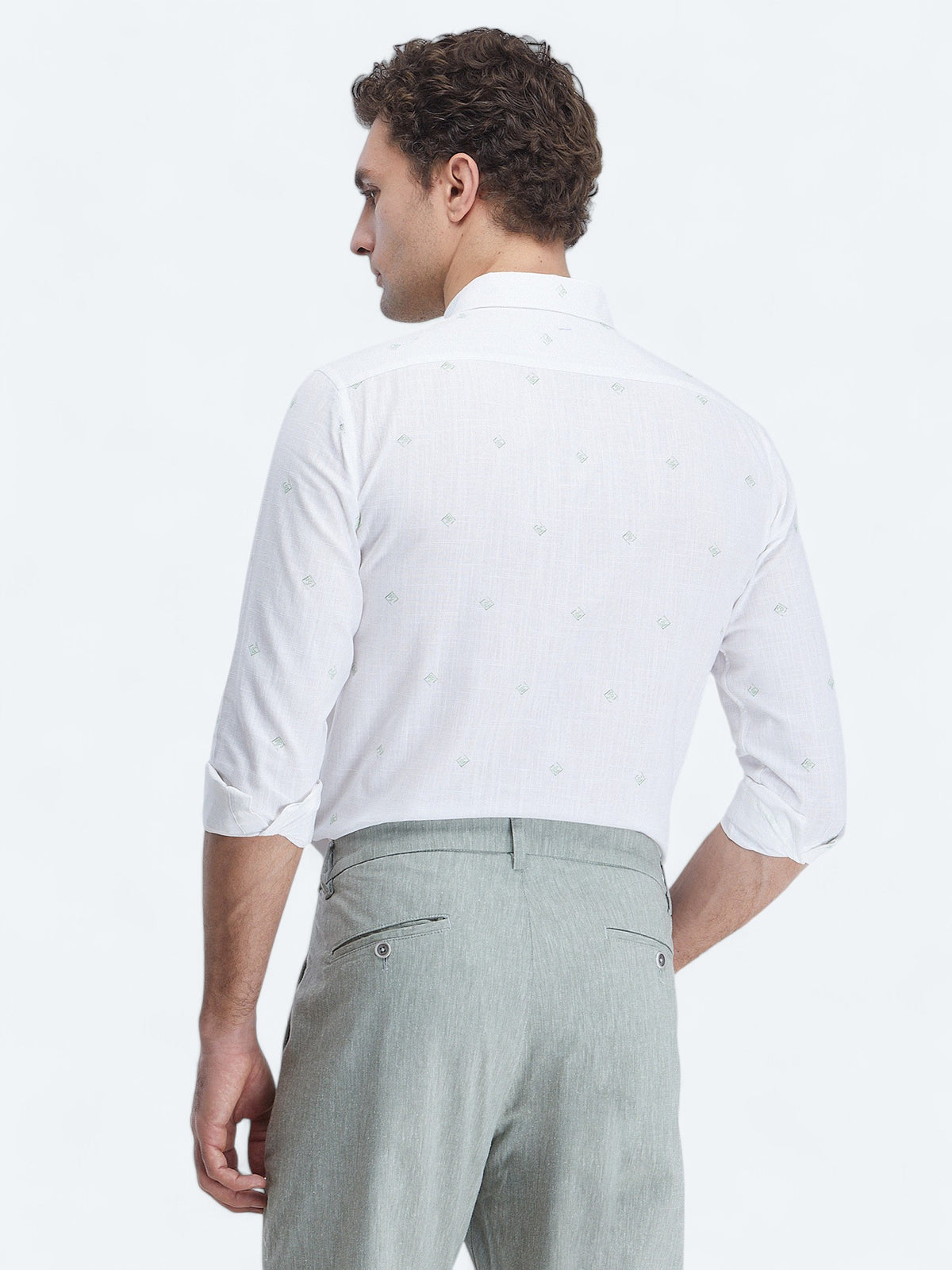 Nil Yeşili Baskılı Regular Fit Uzun Dokuma Casual %100 Pamuk Gömlek