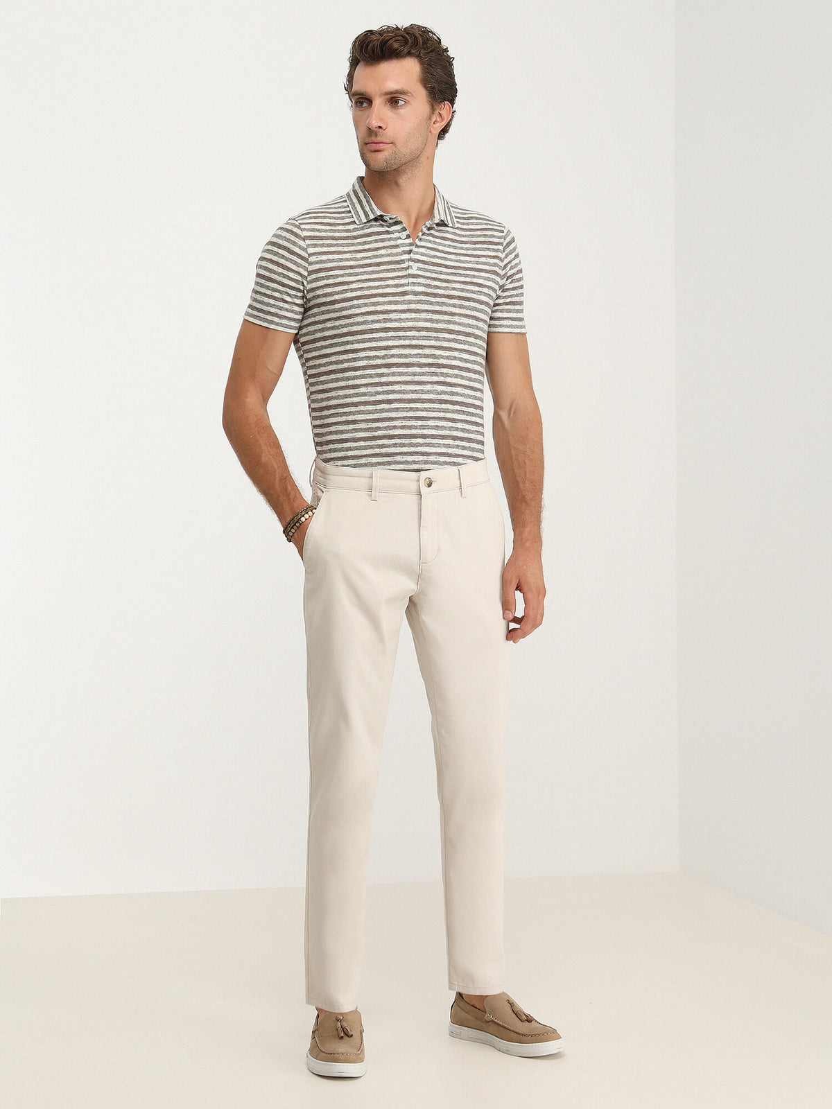Bej Dokuma Slim Fit Casual Pamuk Karışımlı Pantolon