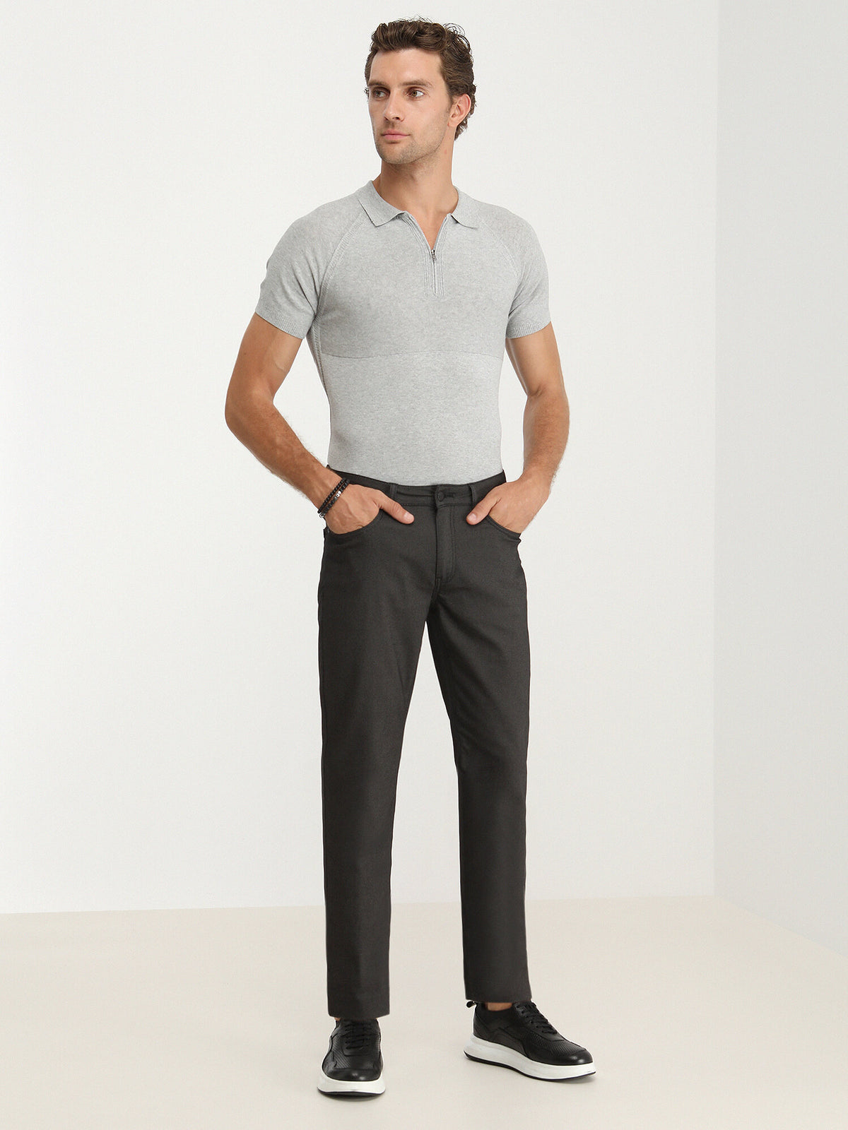 Siyah Dokuma Slim Fit Casual Pamuk Karışımlı Pantolon