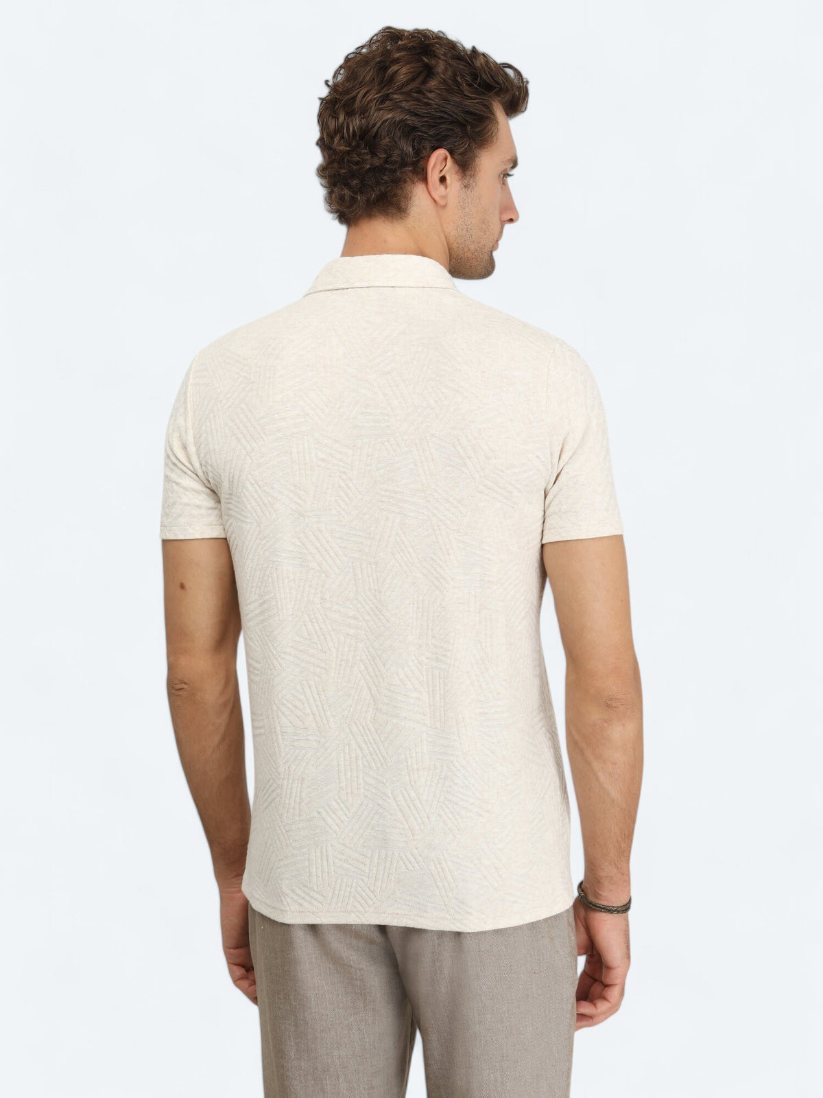 Ekru Jakarlı Polo Yaka Pamuk Karışımlı T-Shirt