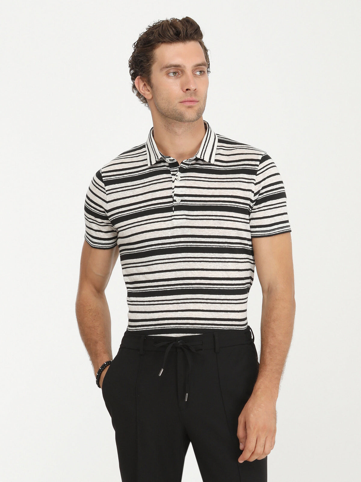 Siyah Çizgili Polo Yaka Keten Karışımlı T-Shirt