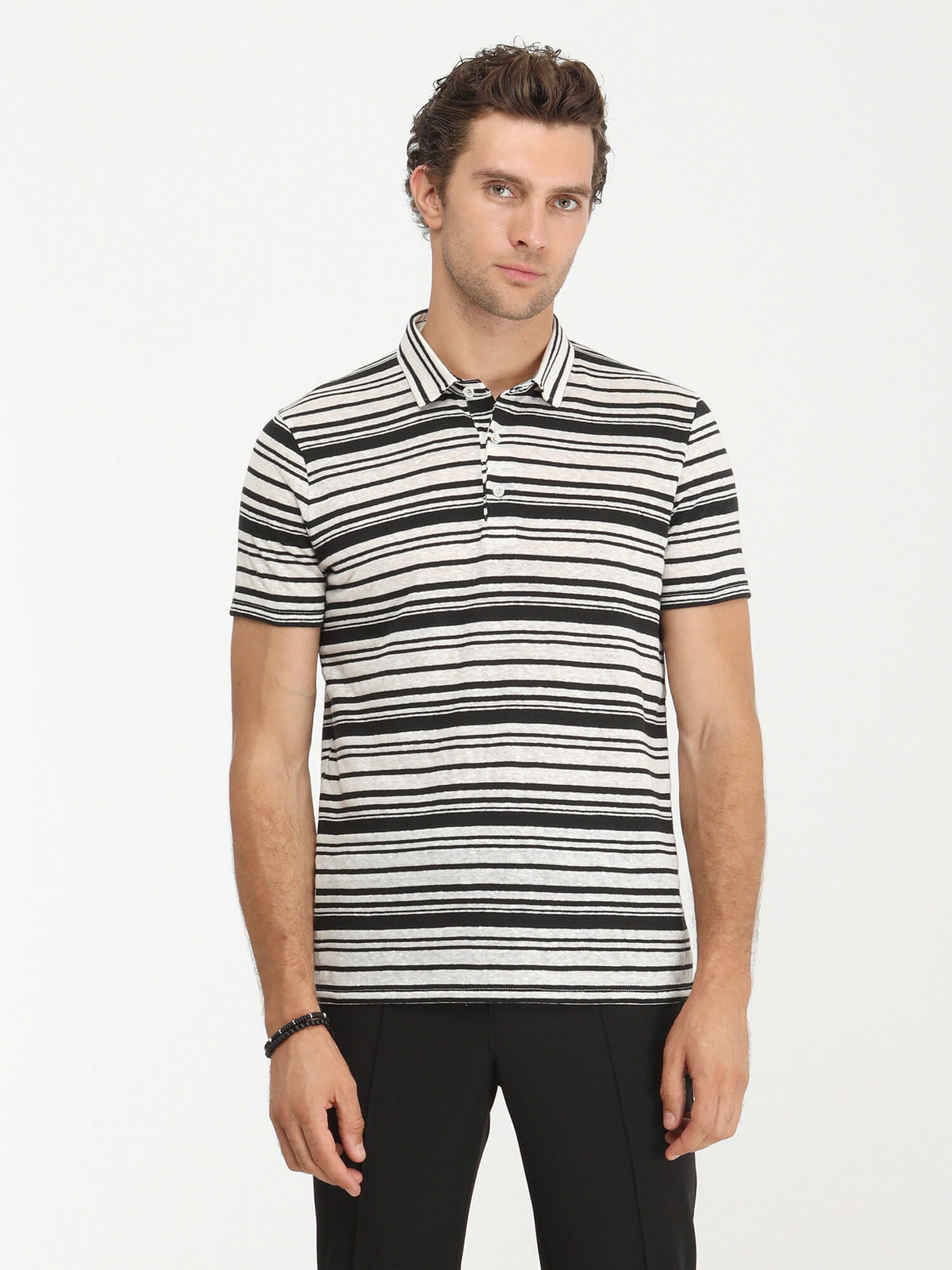 Siyah Çizgili Polo Yaka Keten Karışımlı T-Shirt