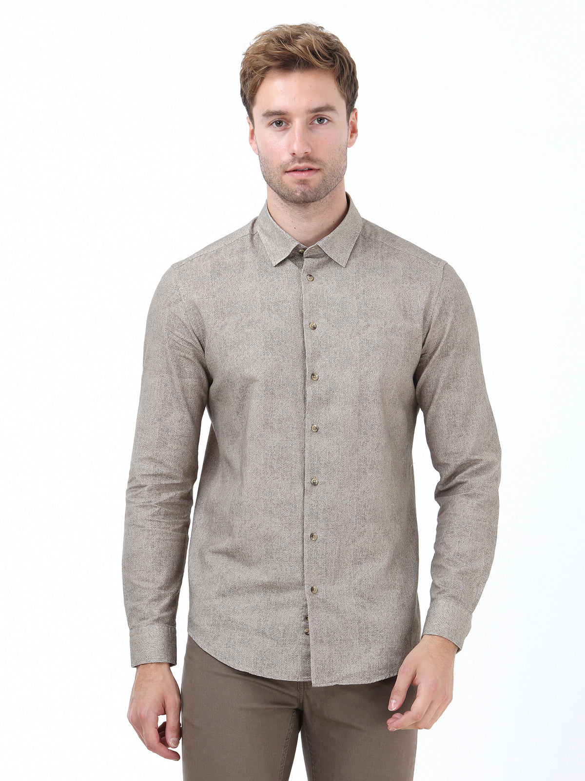 Bej Desenli Regular Fit Uzun Dokuma Casual %100 Pamuk Gömlek