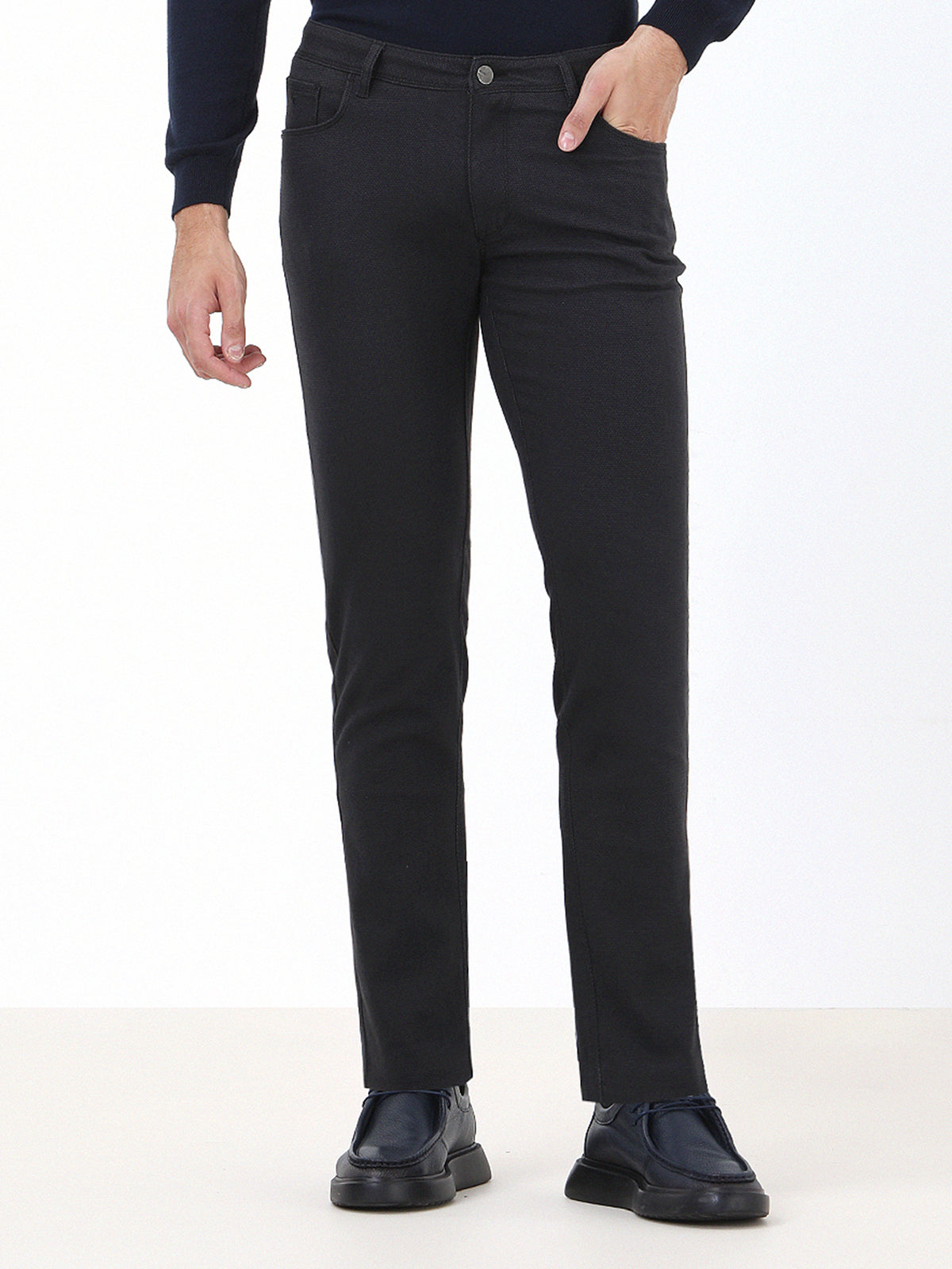 Lacivert Dokuma Slim Fit Casual Pamuk Karışımlı Pantolon