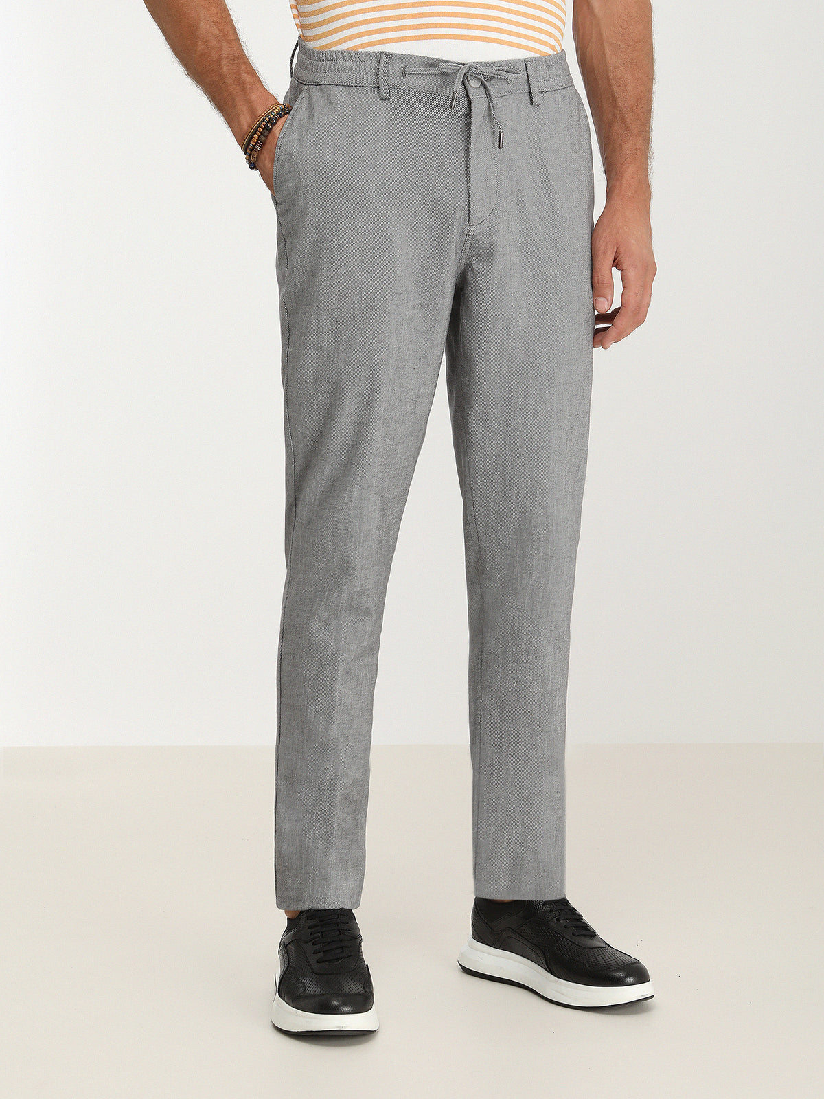 Gri Dokuma Jogging Fit Casual Pamuk Karışımlı Pantolon