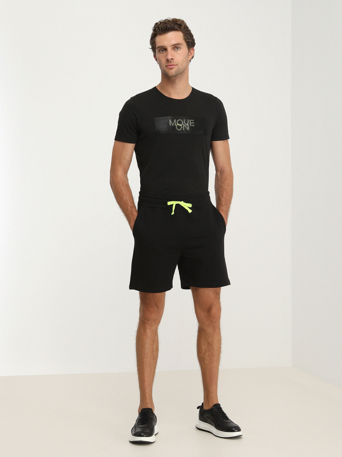 Siyah Düz Örme Jogging Fit Spor Pamuk Karışımlı Bermuda