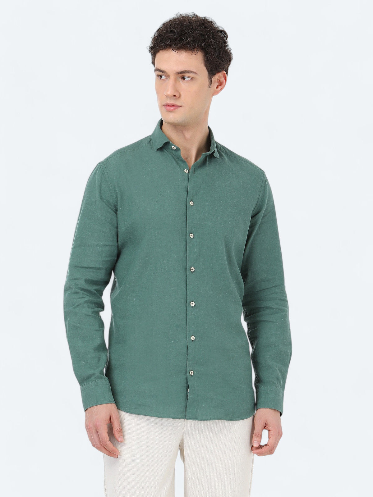 Koyu Yeşil Düz Regular Fit Uzun Dokuma Casual Pamuk Karışımlı Gömlek
