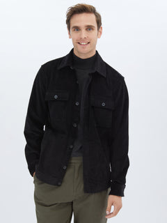 Siyah Regular Fit Uzun Dokuma %100 Pamuk Overshirt
