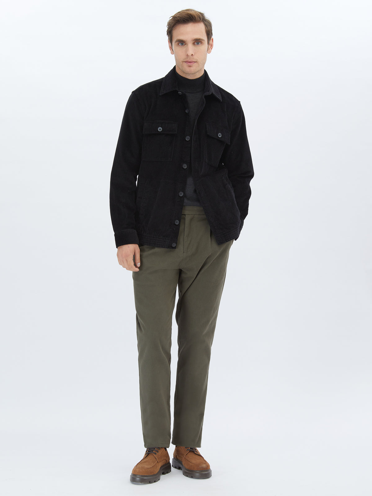 Siyah Regular Fit Uzun Dokuma %100 Pamuk Overshirt