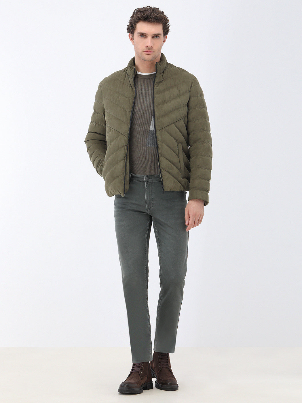 Açık Haki Regular Fit Dik Yaka Casual Dokuma Mont