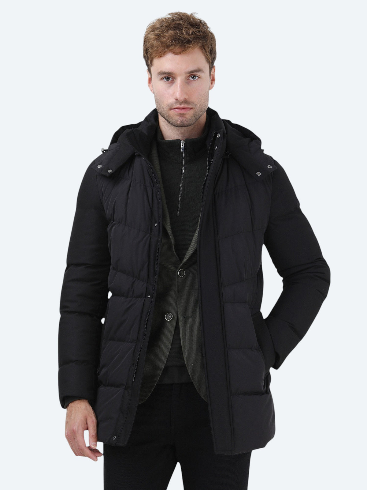 Siyah Regular Fit Kapüşonlu Casual Dokuma Kaban