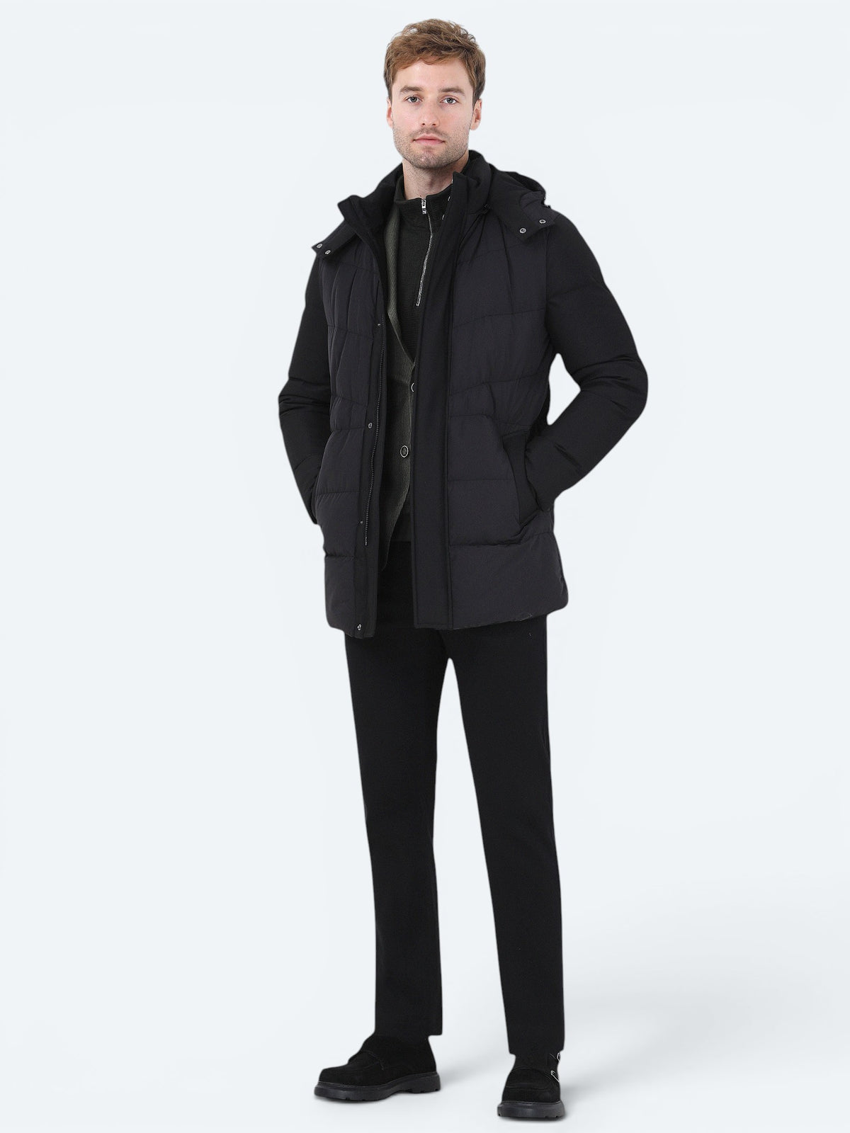 Siyah Regular Fit Kapüşonlu Casual Dokuma Kaban
