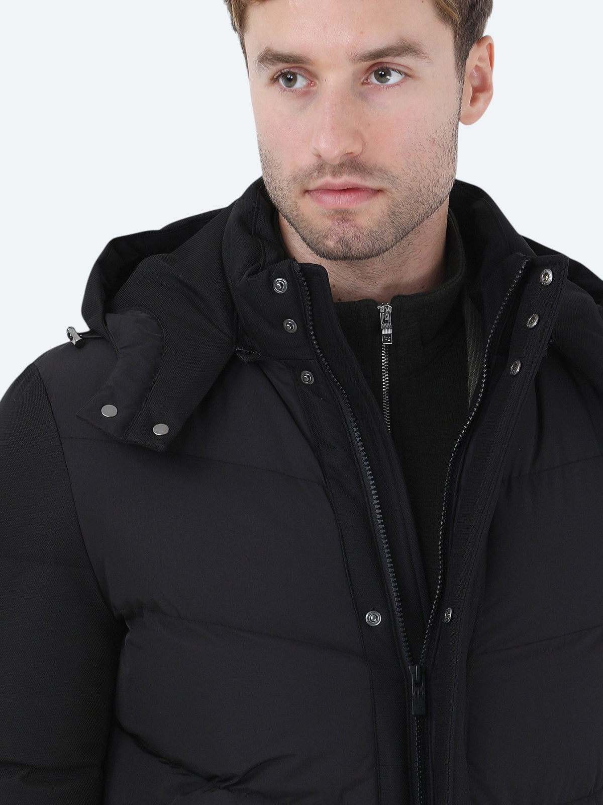 Siyah Regular Fit Kapüşonlu Casual Dokuma Kaban