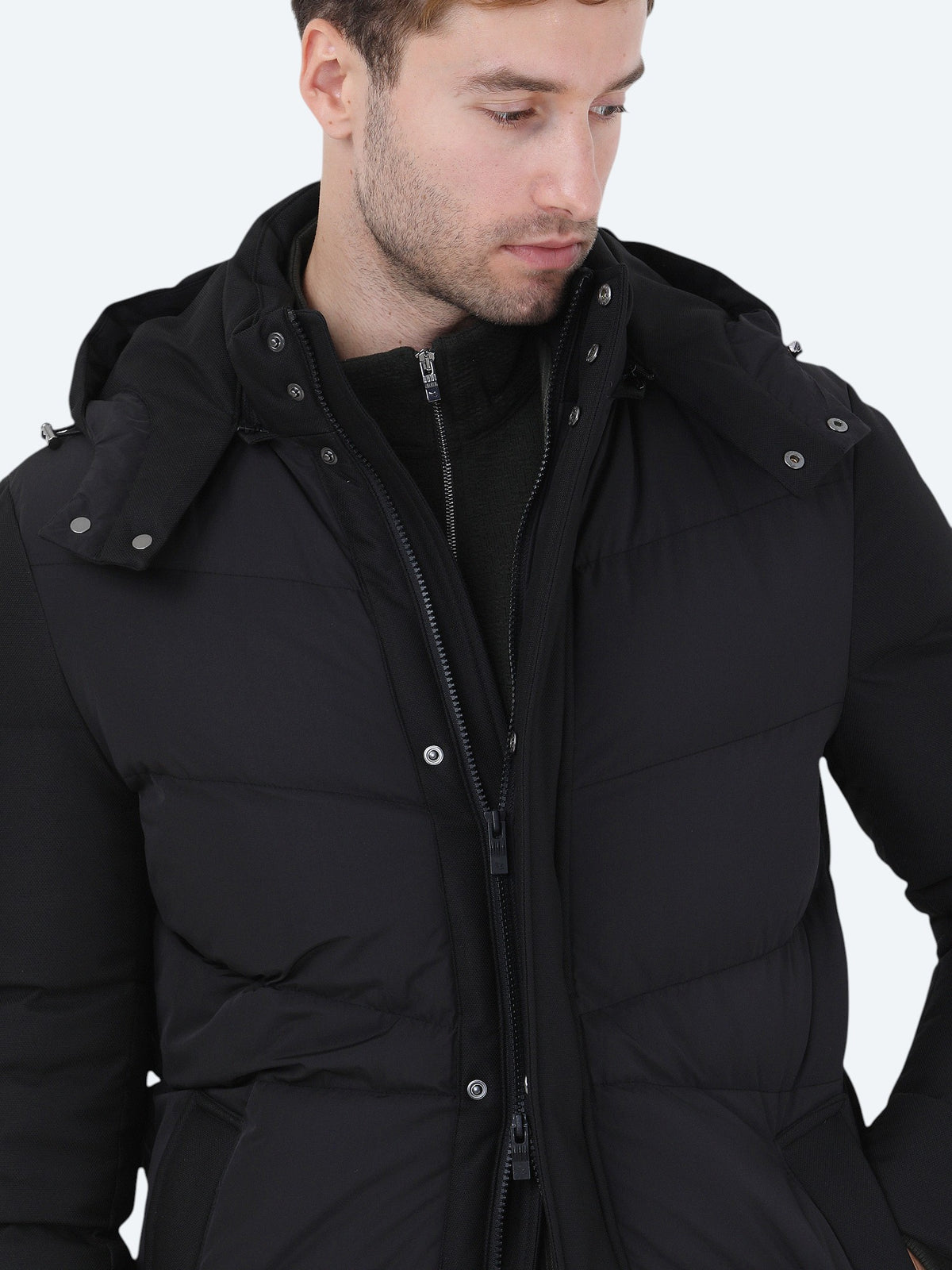 Siyah Regular Fit Kapüşonlu Casual Dokuma Kaban