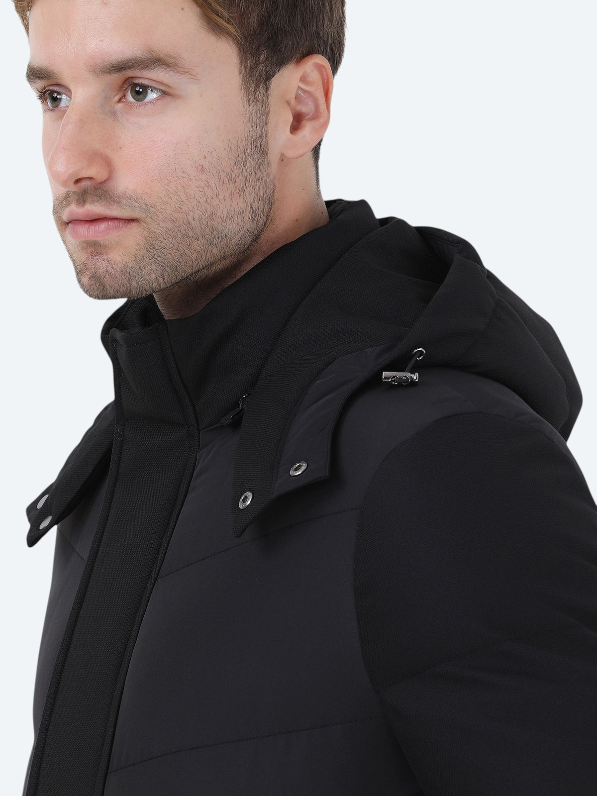Siyah Regular Fit Kapüşonlu Casual Dokuma Kaban