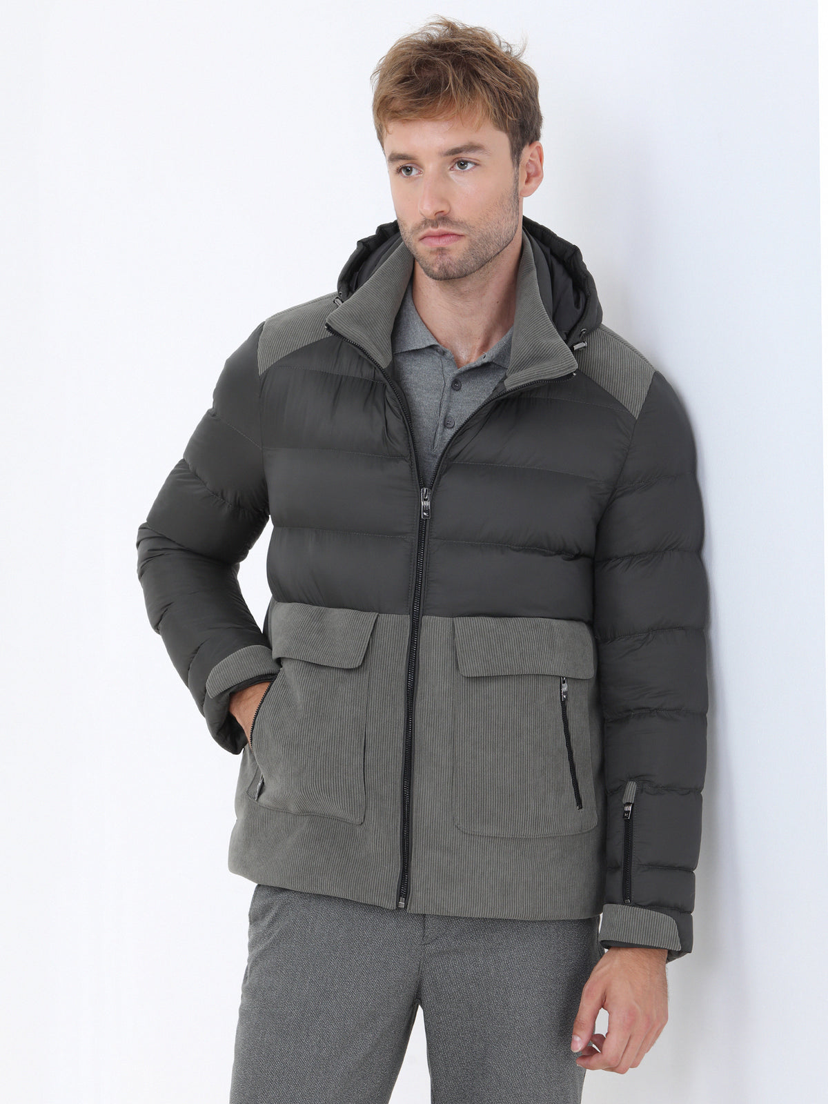 Haki Regular Fit Kapüşonlu Casual Dokuma Mont