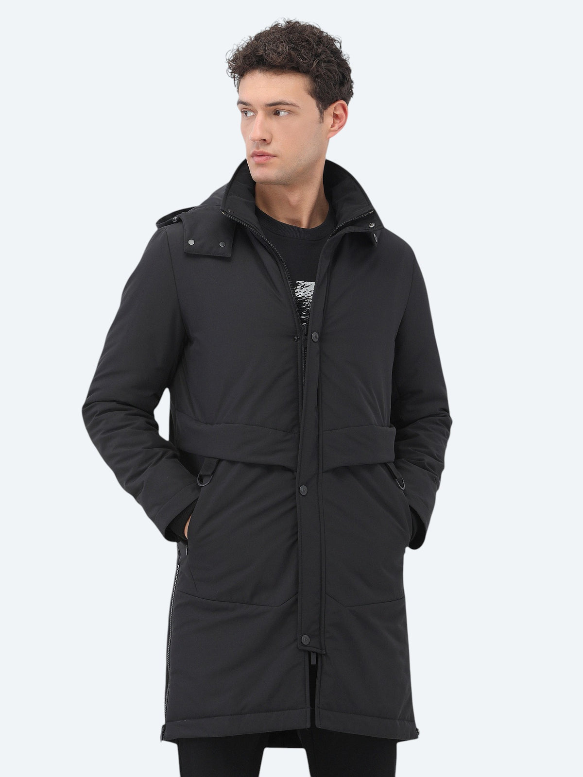 Siyah Regular Fit Kapüşonlu Casual Dokuma Kaban