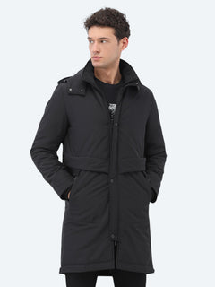 Siyah Regular Fit Kapüşonlu Casual Dokuma Kaban