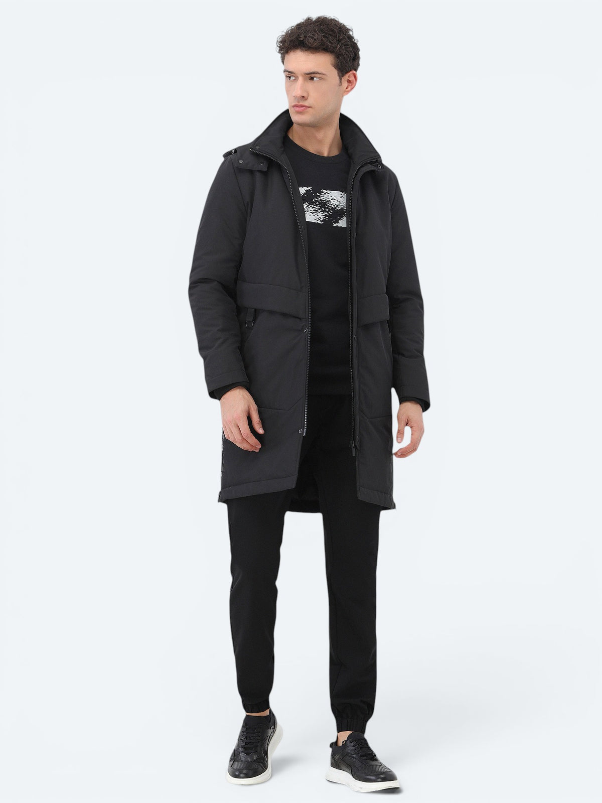 Siyah Regular Fit Kapüşonlu Casual Dokuma Kaban
