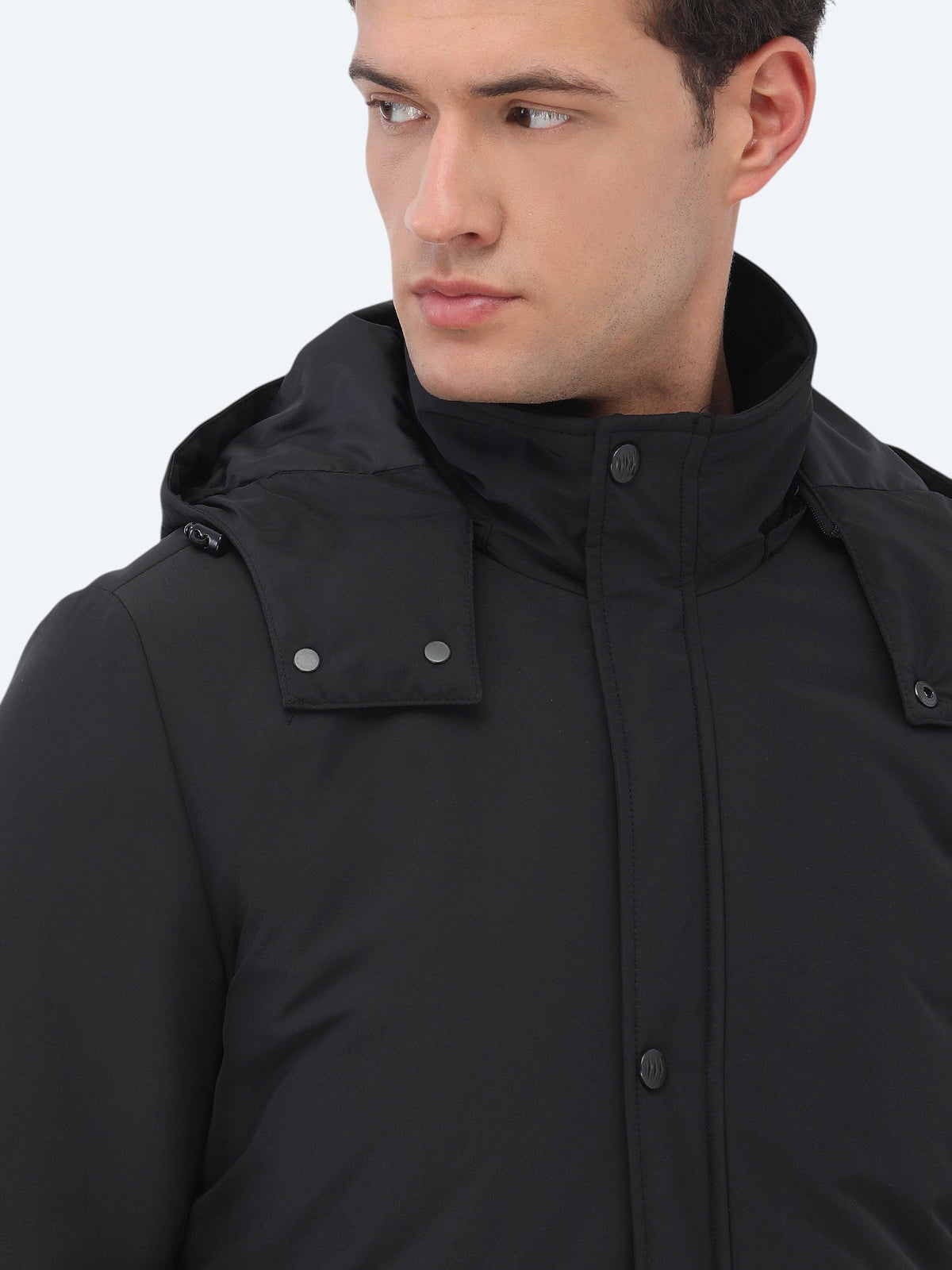 Siyah Regular Fit Kapüşonlu Casual Dokuma Kaban