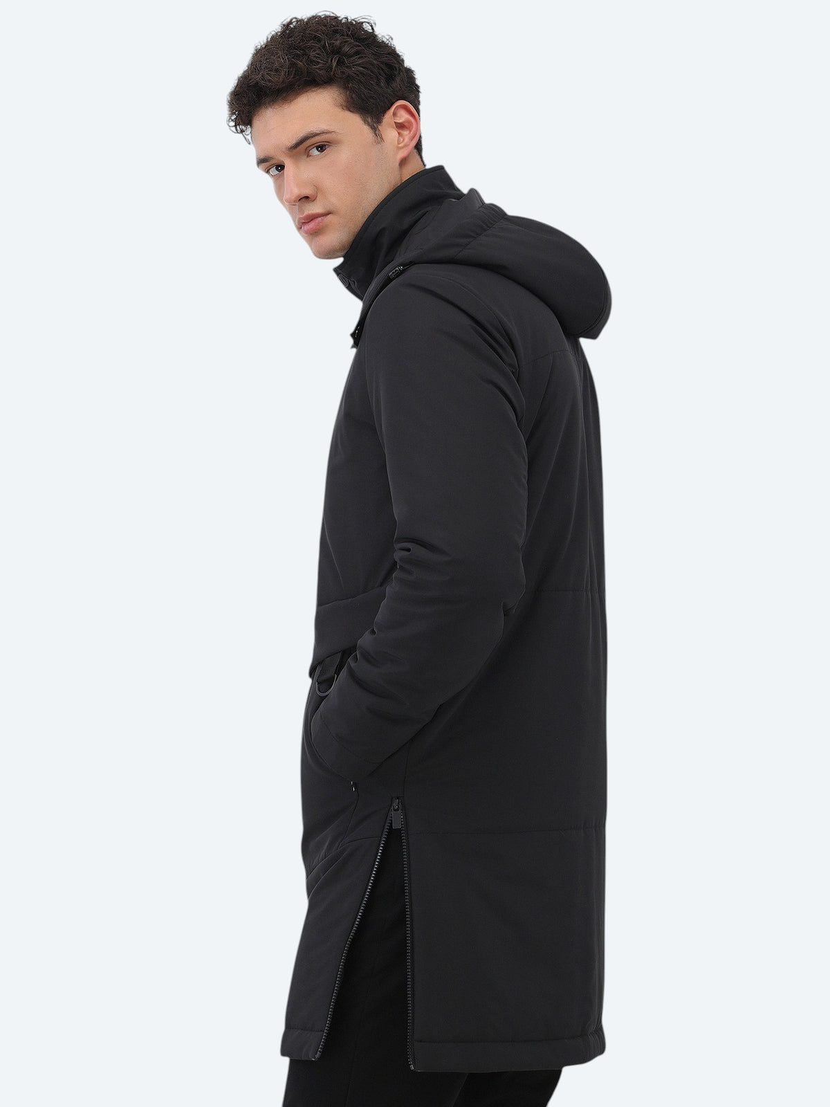Siyah Regular Fit Kapüşonlu Casual Dokuma Kaban