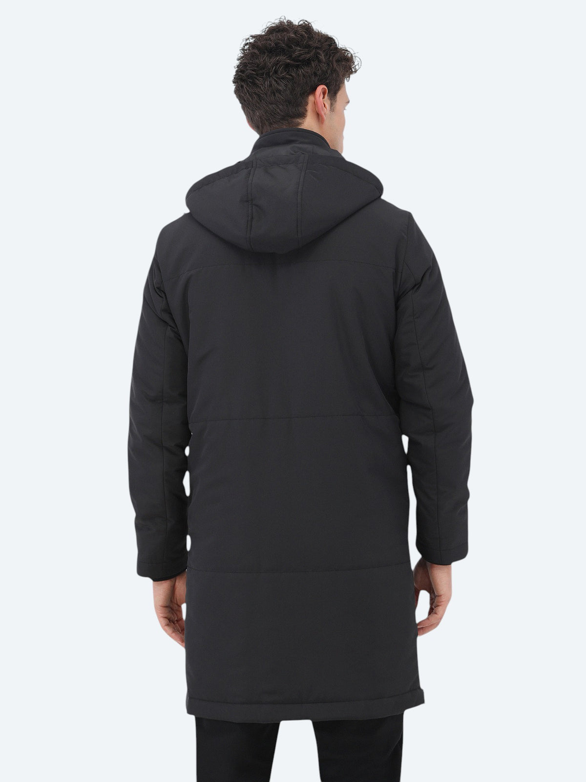 Siyah Regular Fit Kapüşonlu Casual Dokuma Kaban