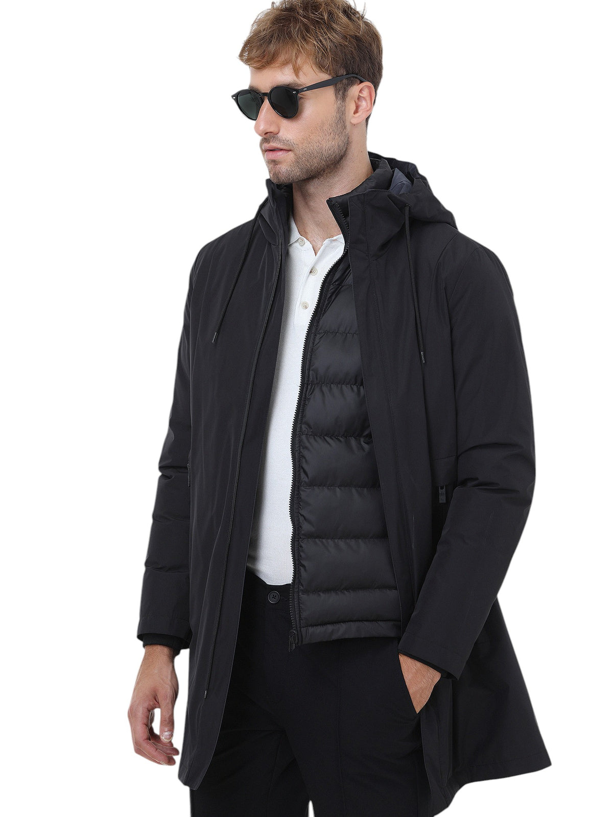 Siyah Regular Fit Kapüşonlu Casual Dokuma Pardösü