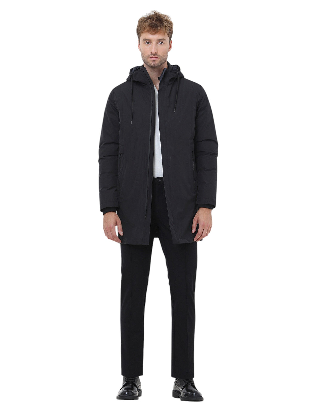 Siyah Regular Fit Kapüşonlu Casual Dokuma Pardösü