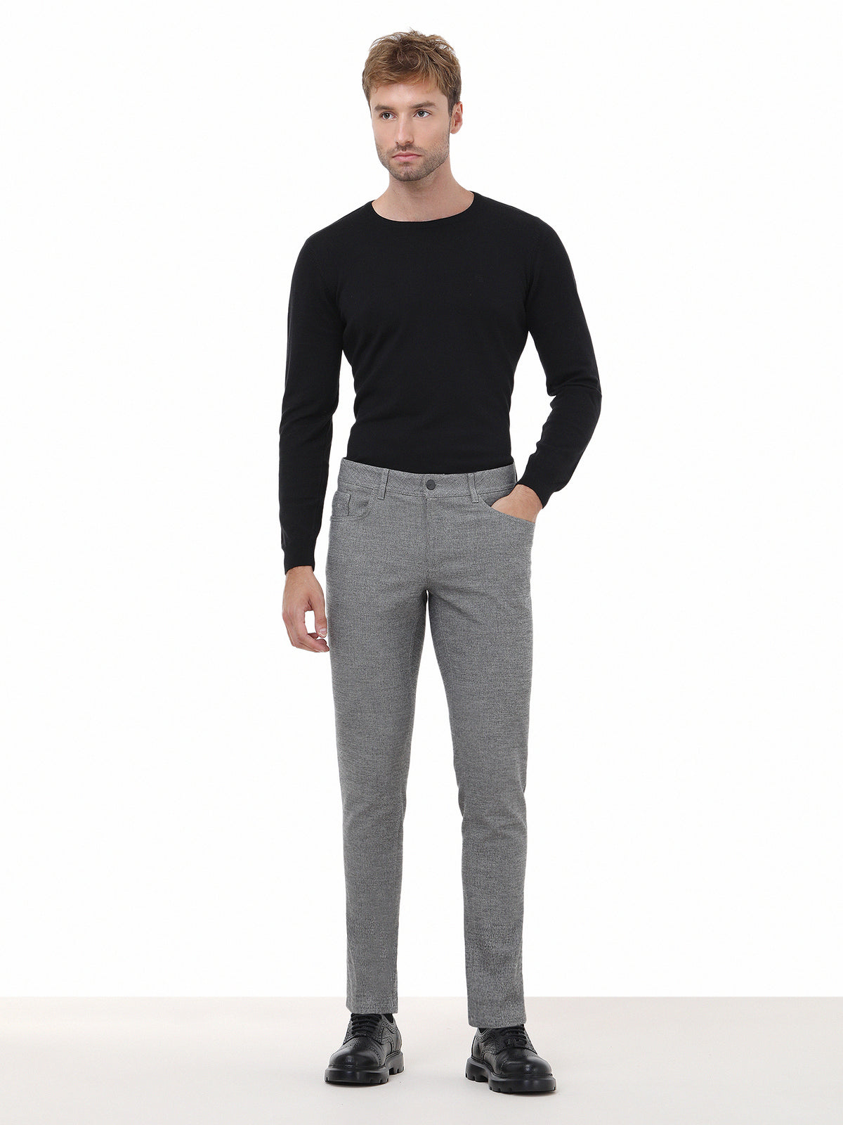 Siyah Çizgili Dokuma Slim Fit Casual Pamuk Karışımlı Pantolon