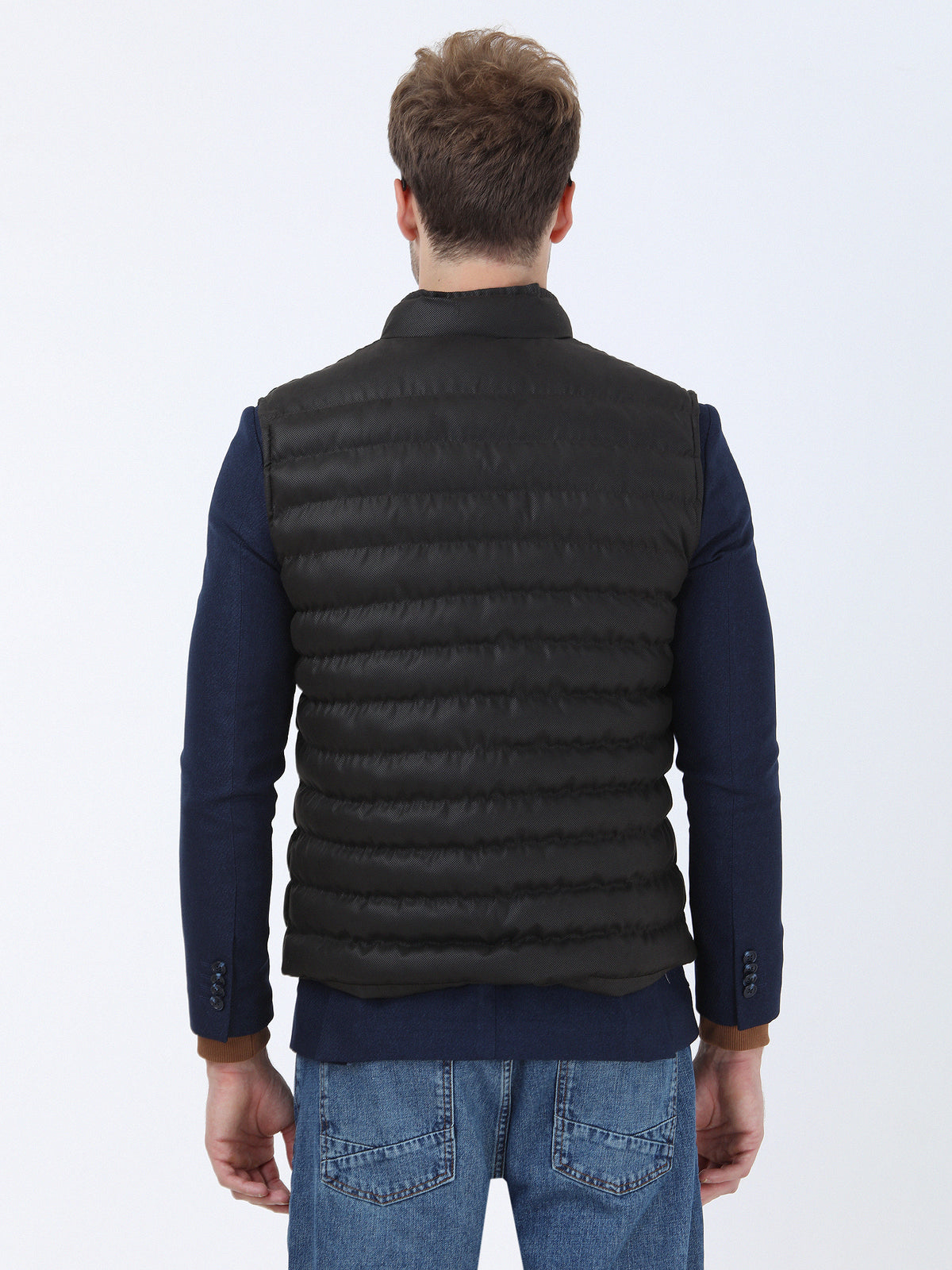 Kahverengi Regular Fit Dik Yaka Casual Dokuma Spor Yelek