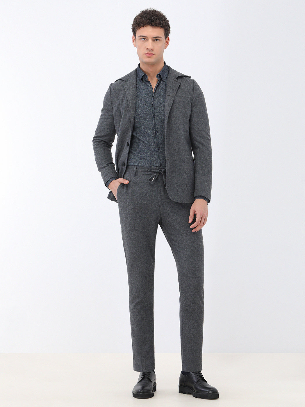 Antrasit Düz Modern Fit Yün Karışımlı Takım Elbise