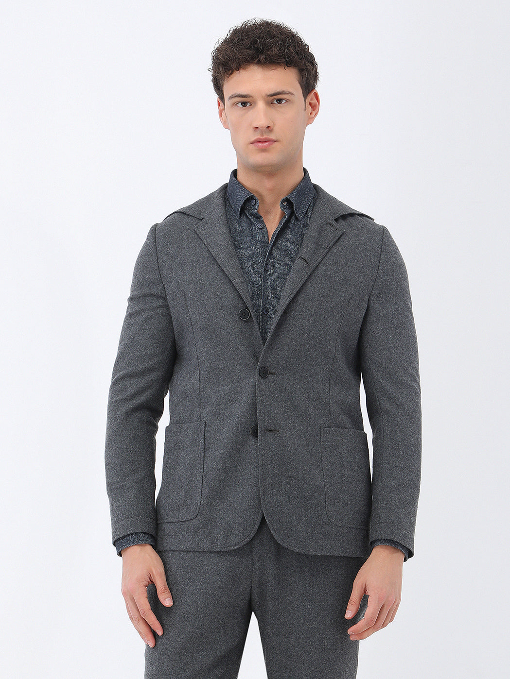 Antrasit Düz Modern Fit Yün Karışımlı Takım Elbise