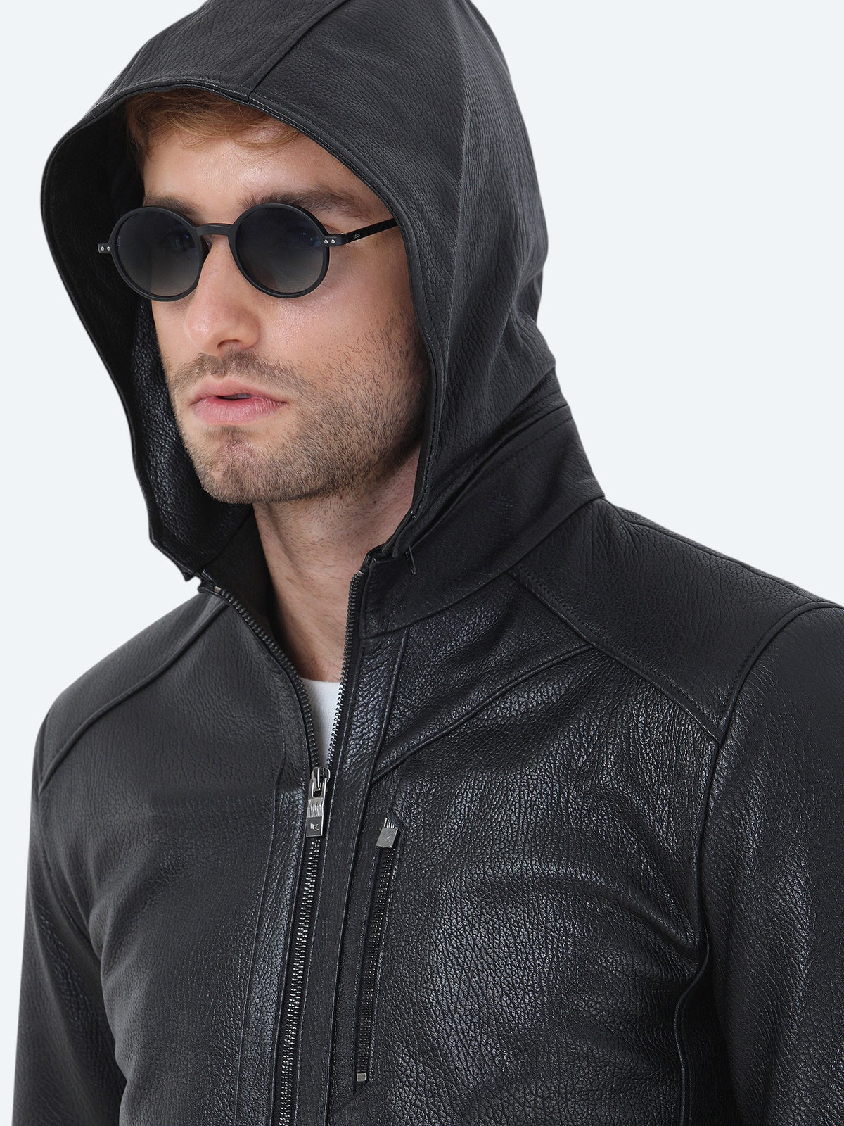 Siyah Regular Fit Kapüşonlu Smart Casual Koyun Derisi Deri Mont