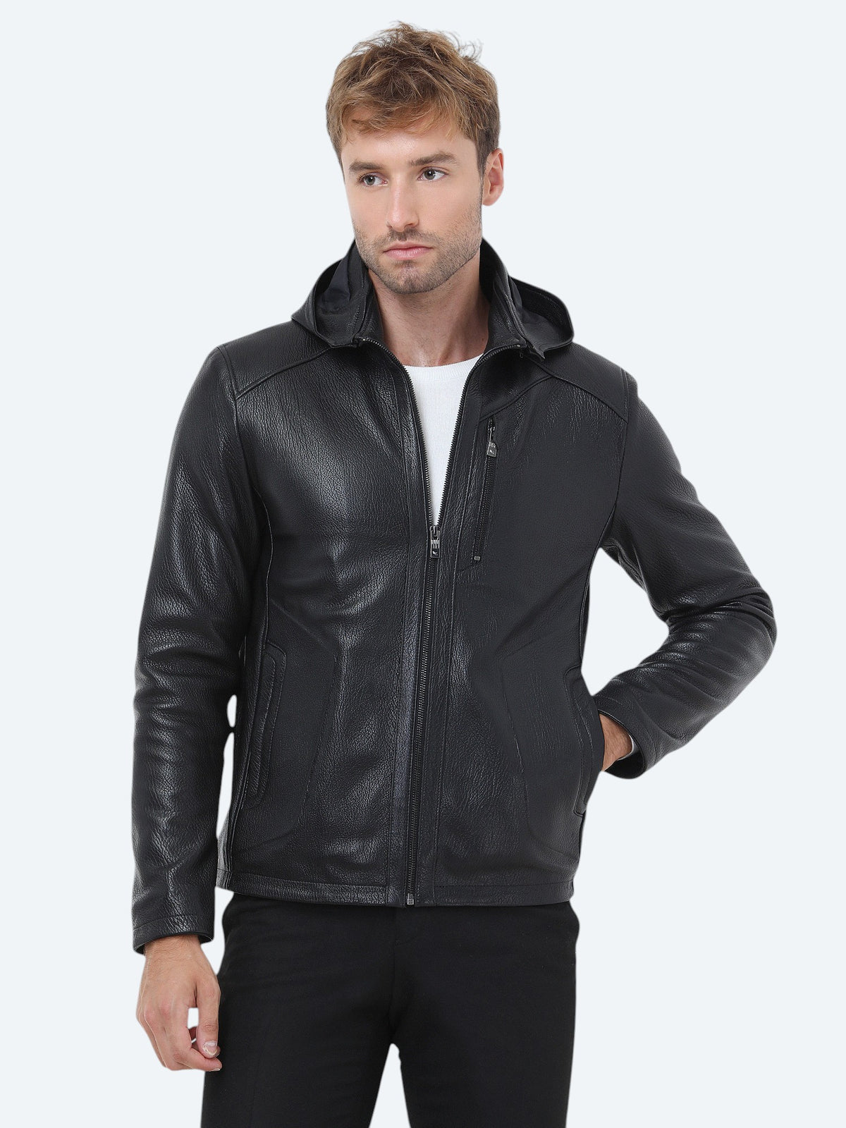 Siyah Regular Fit Kapüşonlu Smart Casual Koyun Derisi Deri Mont