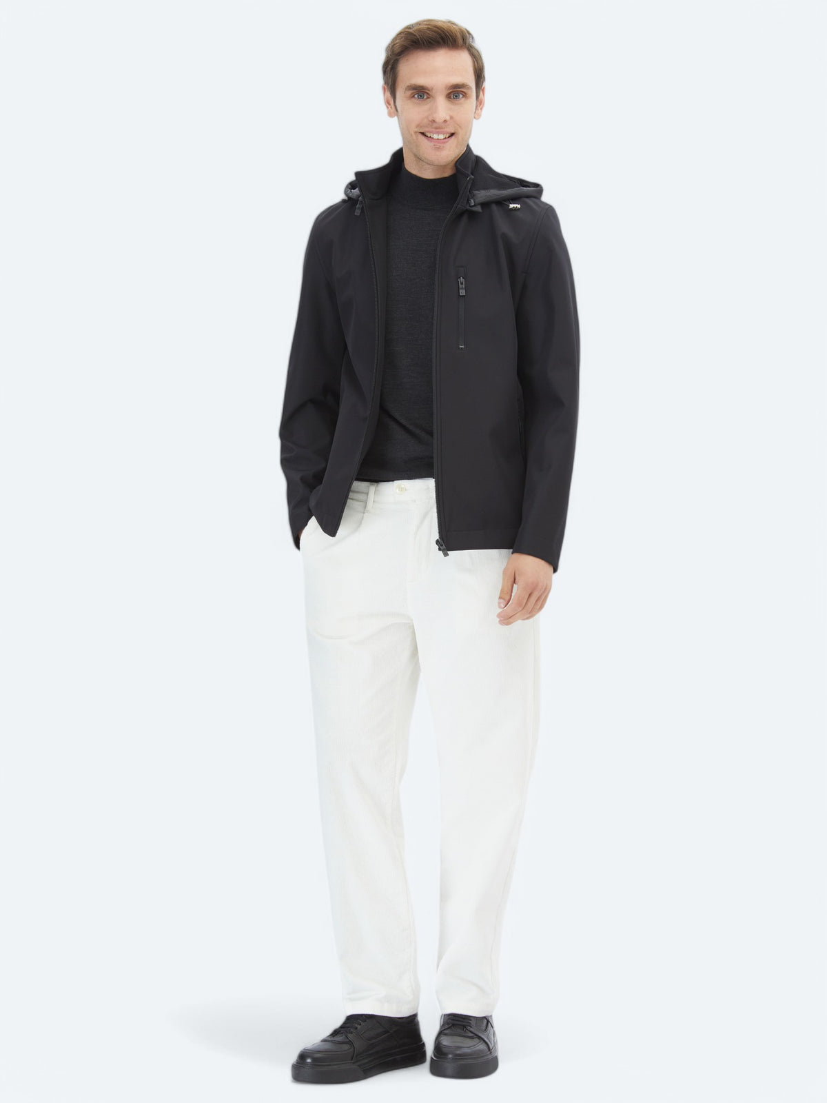 Siyah Regular Fit Kapüşonlu Casual Dokuma Mont