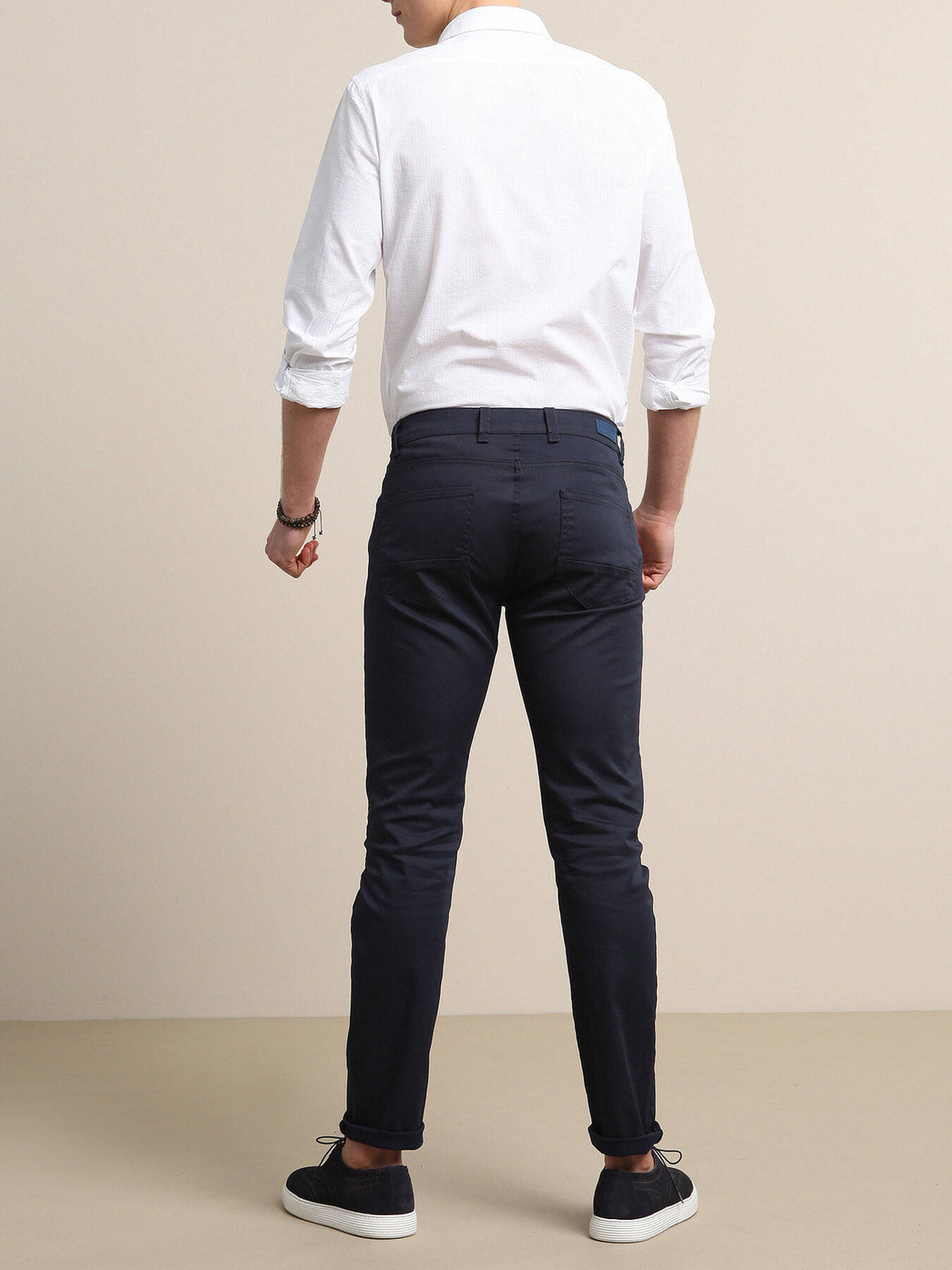 Lacivert Düz Dokuma Fitted Fit Casual Pamuk Karışımlı Pantolon