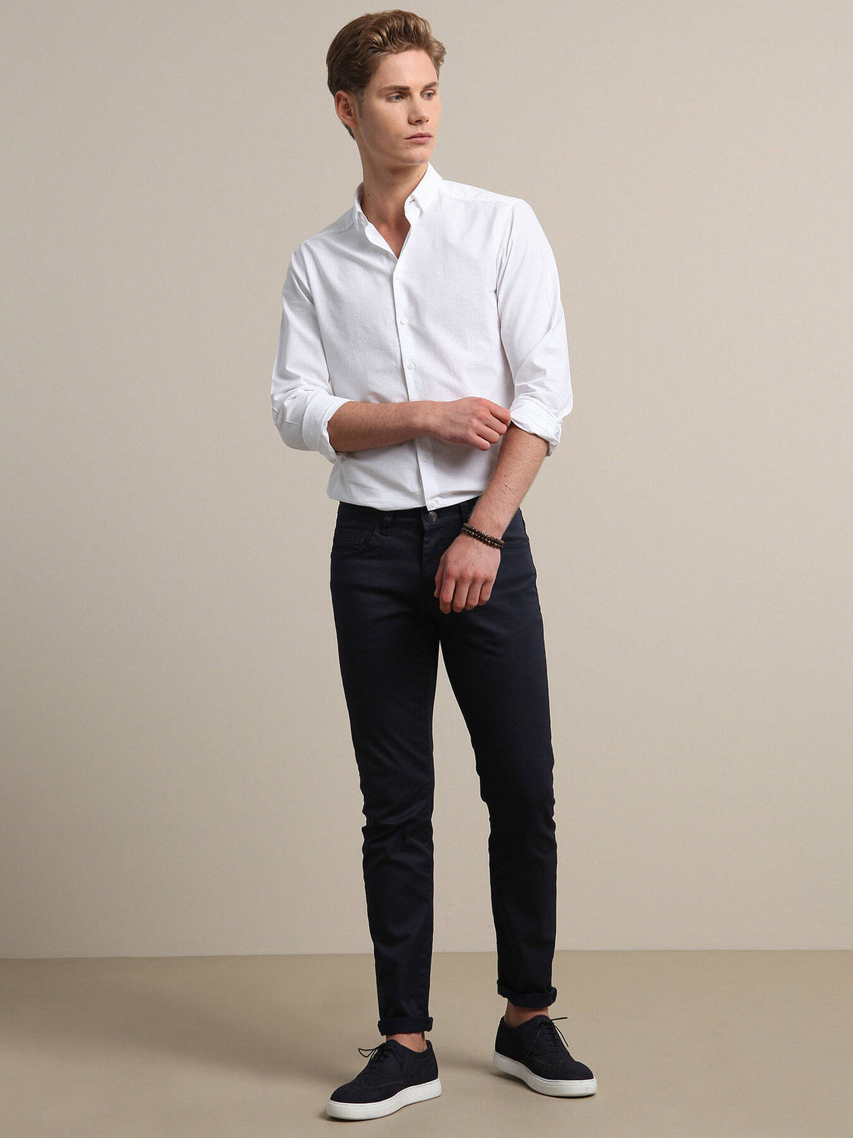Lacivert Düz Dokuma Fitted Fit Casual Pamuk Karışımlı Pantolon