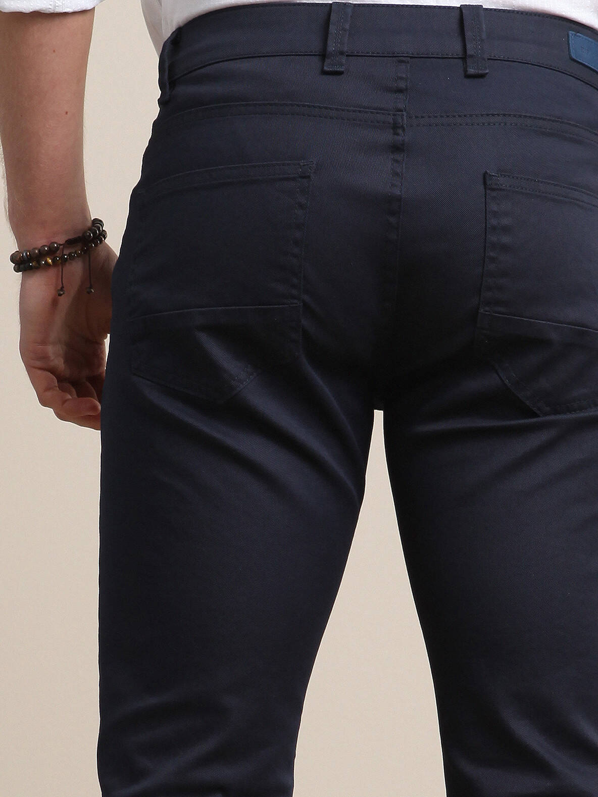 Lacivert Düz Dokuma Fitted Fit Casual Pamuk Karışımlı Pantolon